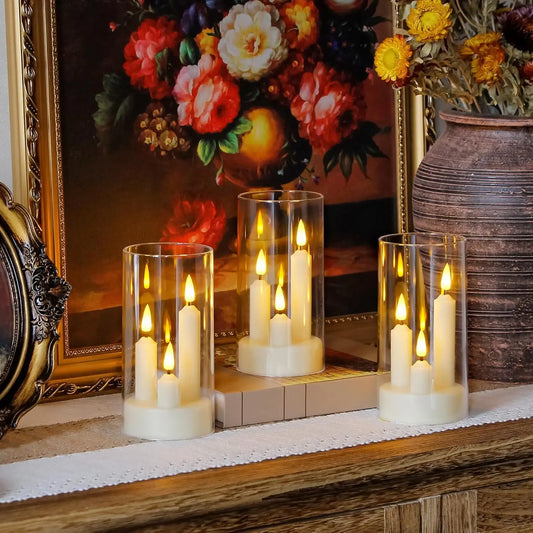 Bougies LED coniques sans flamme 3 en 1 avec abat-jour acrylique, lumière scintillante romantique pour mariage et fête glamour. Décoration intérieure