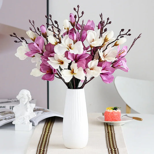Bouquet de 5 tiges de magnolia artificiel avec 20 fleurs réalistes, pour décoration d’intérieur, mariage ou photographie artistique