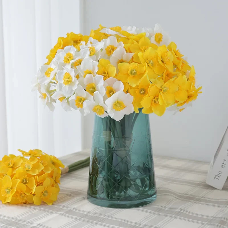 Bouquet de narcisses artificielles en soie réalistes pour décoration intérieure printanière et lumineuse