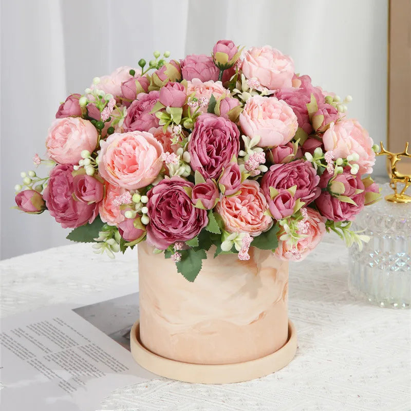 Bouquet de roses artificielles blanches et roses en soie, fleurs réalistes pour décoration romantique ou mariage