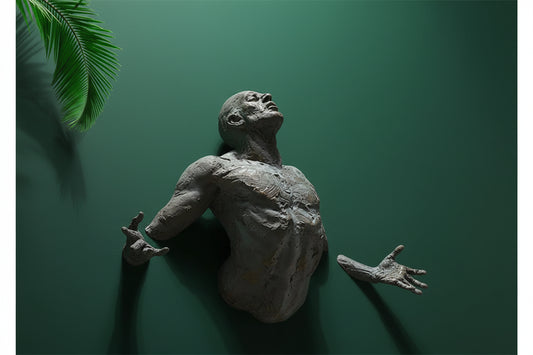 Décoration murale 3D imitation cuivre en résine, sculpture abstraite d’un homme escaladant un rocher. Décoration intérieure