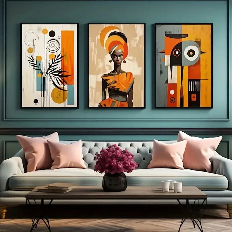 Ensemble de 3 affiches abstraites afro bohèmes représentant des femmes noires, art mural ethnique africain sur toile, décoration moderne pour salon ou chambre - Décoration intérieure