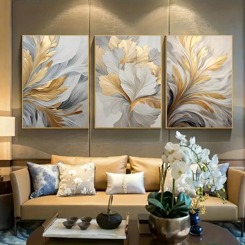 Ensemble de 3 affiches murales de luxe avec feuilles blanches et dorées, imprimées sur toile, décoration élégante pour salon, chambre, bureau ou couloir - Décoration intérieure