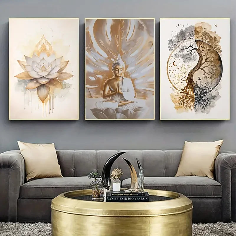 Ensemble de 3 toiles murales Bouddha et nature, art spirituel moderne sans cadre pour décoration zen et apaisante d’intérieur - Décoration intérieure
