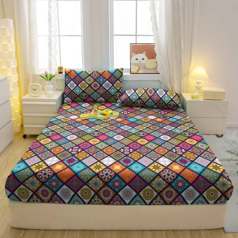 Ensemble de drap-housse 3 pièces à motif bohème moderne, literie imprimée chic et naturelle pour chambre cosy. Décoration ntérieure