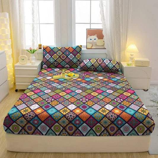 Ensemble de drap-housse 3 pièces à motif bohème moderne, literie imprimée chic et naturelle pour chambre cosy. Décoration ntérieure