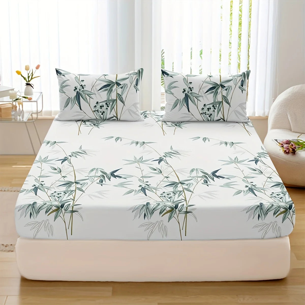 Ensemble de draps-housses imprimés feuilles de bambou, 3 pièces, tissu doux et hypoallergénique pour chambre zen et confortable. Décoration intérieure