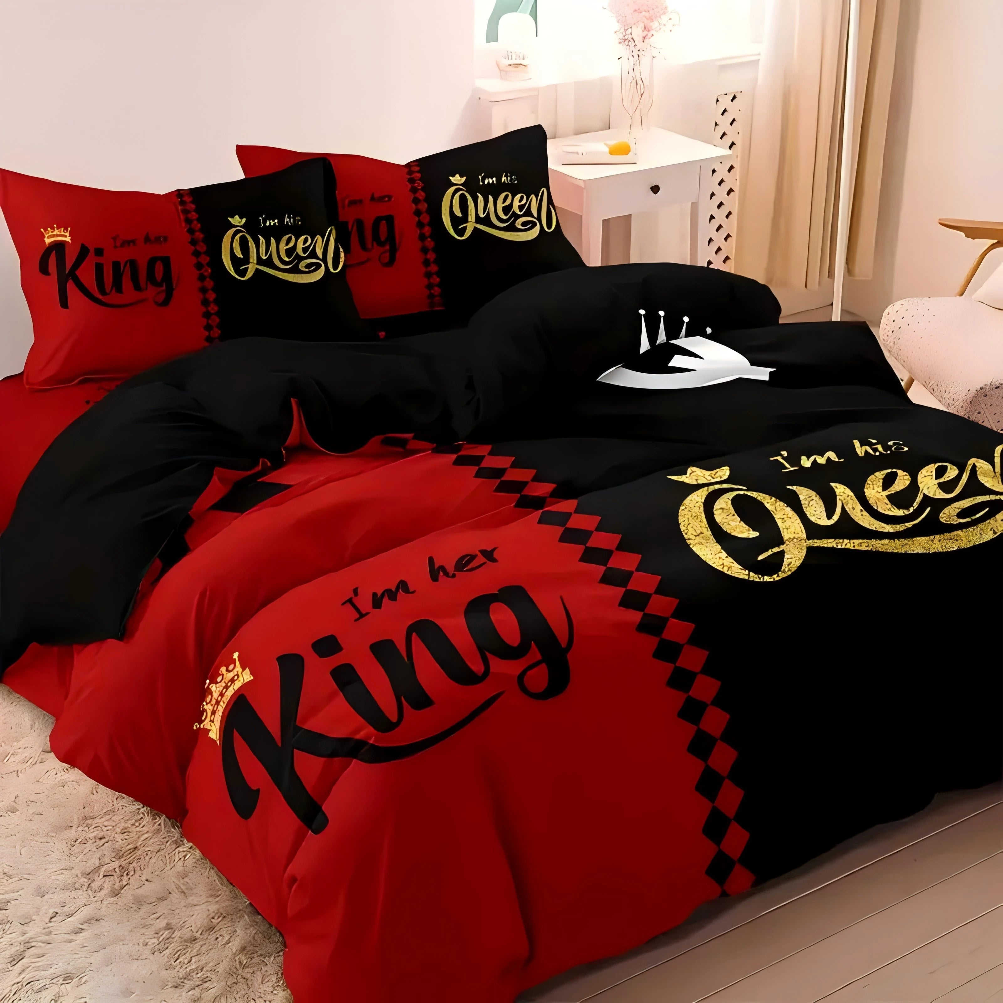 Ensemble de housse de couette imprimée 3D King Queen’s Crown – Literie royale toutes tailles – Textile doux et élégant. Décoration Intérieure.