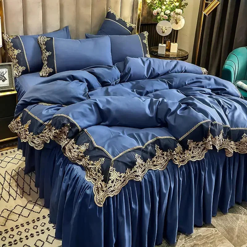 Ensemble de lit 4 pièces style européen – Jupe de lit à dentelle, housse de couette mate, version épaisse et romantique. Décoration Intérieure.