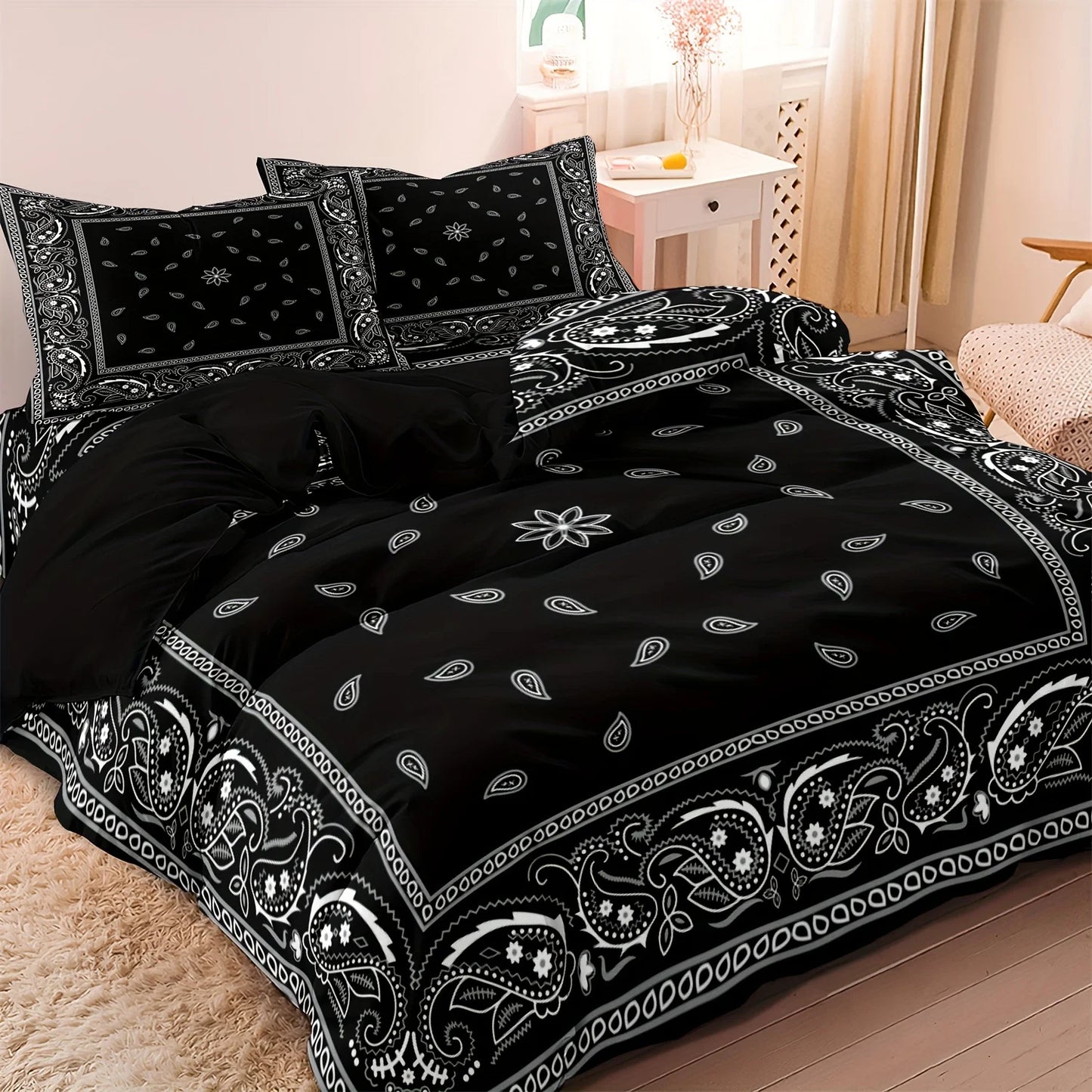 Ensemble de literie Mandala noir, housse de couette bohème avec motif paisley, taies d’oreiller assorties, chambre adulte style zen et graphique - Décoration Intérieure