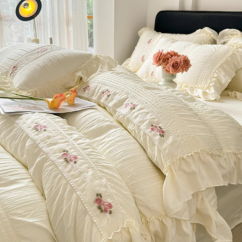 Ensemble de literie de mariage en dentelle à volants, style princesse coréenne, coton lavé Seersucker doux, 3 ou 4 pièces pour chambre élégante. Décoration intérieure