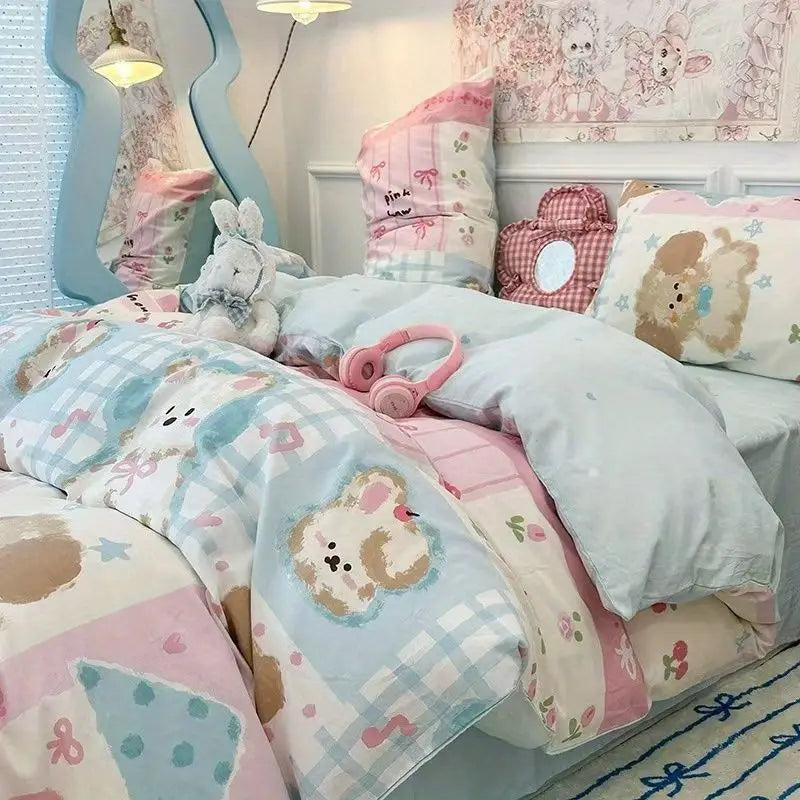 Ensemble de literie kawaii enfant avec housse de couette, drap et taie, motifs mignons pour chambre fille ou garçon. Décoration intérieure