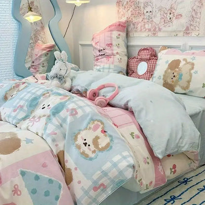 Ensemble de literie kawaii enfant avec housse de couette, drap et taie, motifs mignons pour chambre fille ou garçon. Décoration intérieure