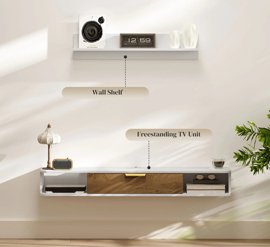 Ensemble mural TV design 180×35×22,5 cm avec vitrines, panneau TV, étagère sur pied et étagère murale moderne. Décoration intérieure