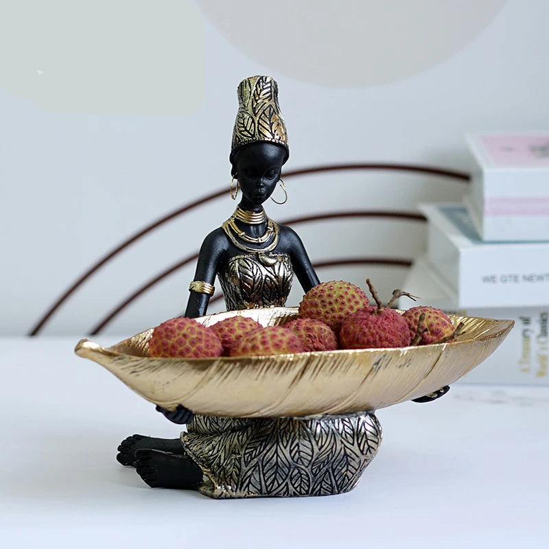 Figurine de femme noire exotique avec fonction rangement, décoration ethnique élégante et pratique