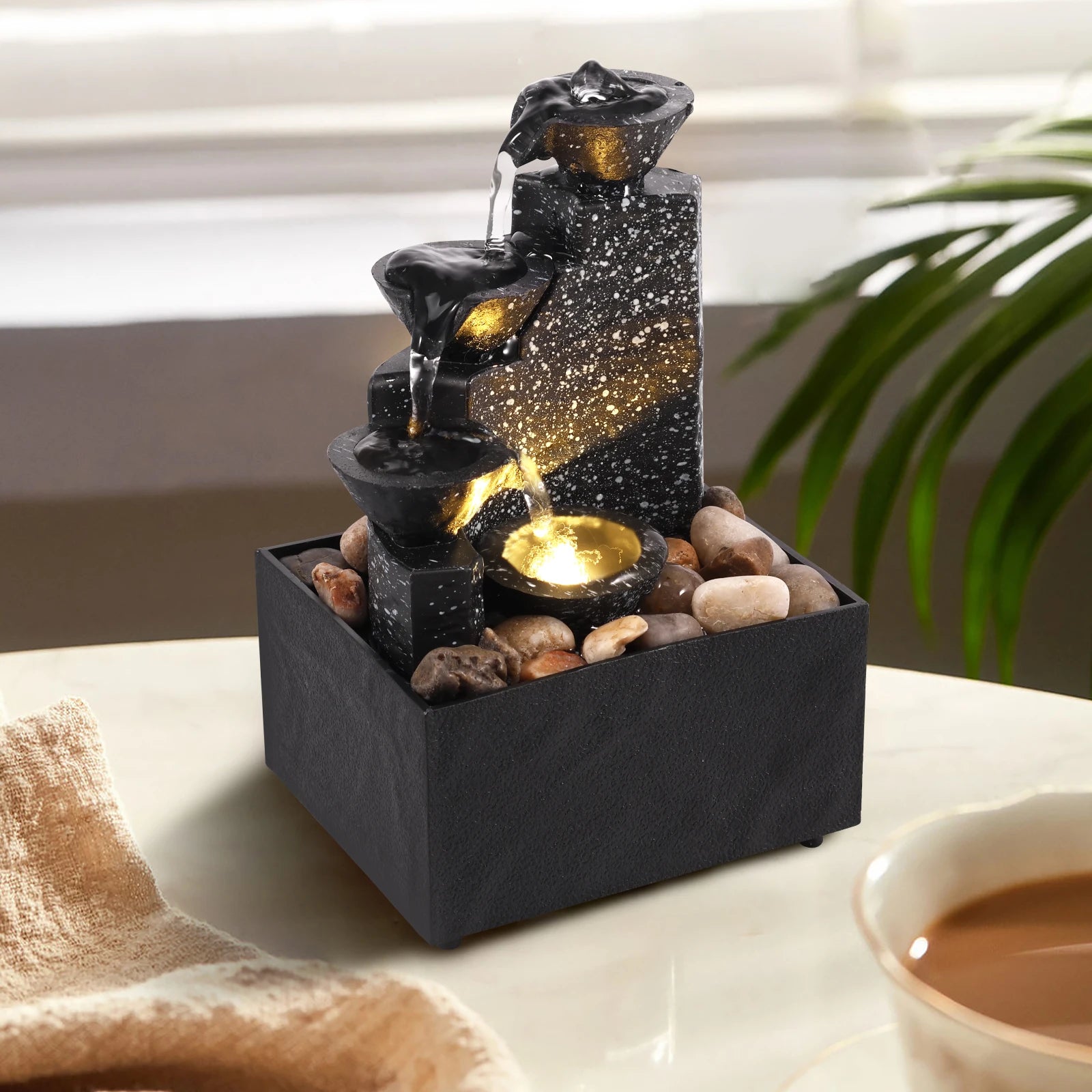 Fontaine de table en cascade avec lumières LED douces, décoration zen pour relaxation et méditation