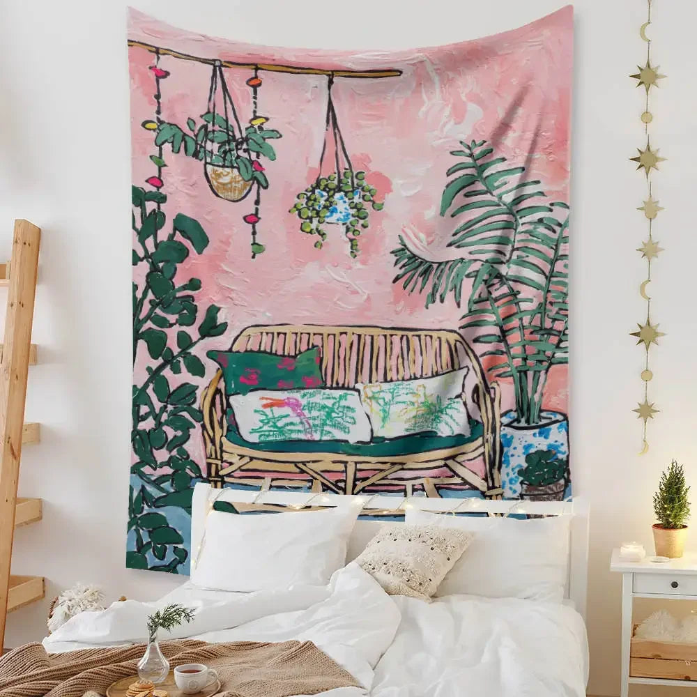 Grande tapisserie murale bohème en tissu avec macramé suspendu décorant une chambre ado moderne à l’ambiance esthétique et naturelle - Décoration intérieure