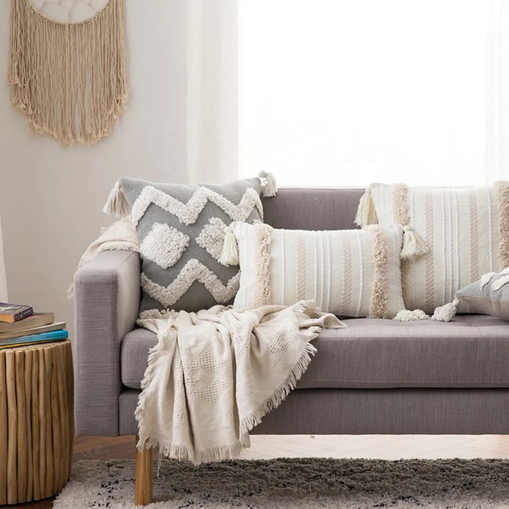 Housse de Coussin à Pompons style Bohème Nordique