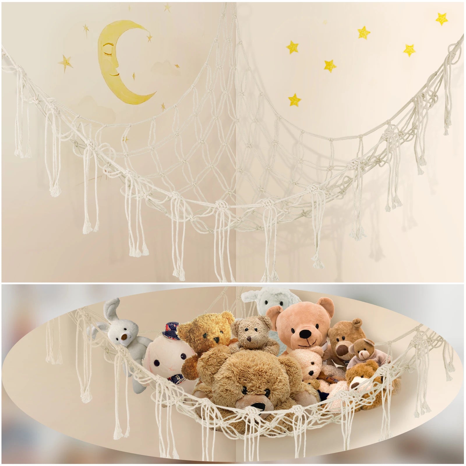 Hamac en peluche style Boho suspendu au mur, rempli de peluches, avec filet en macramé et glands décoratifs - Décoration intérieure
