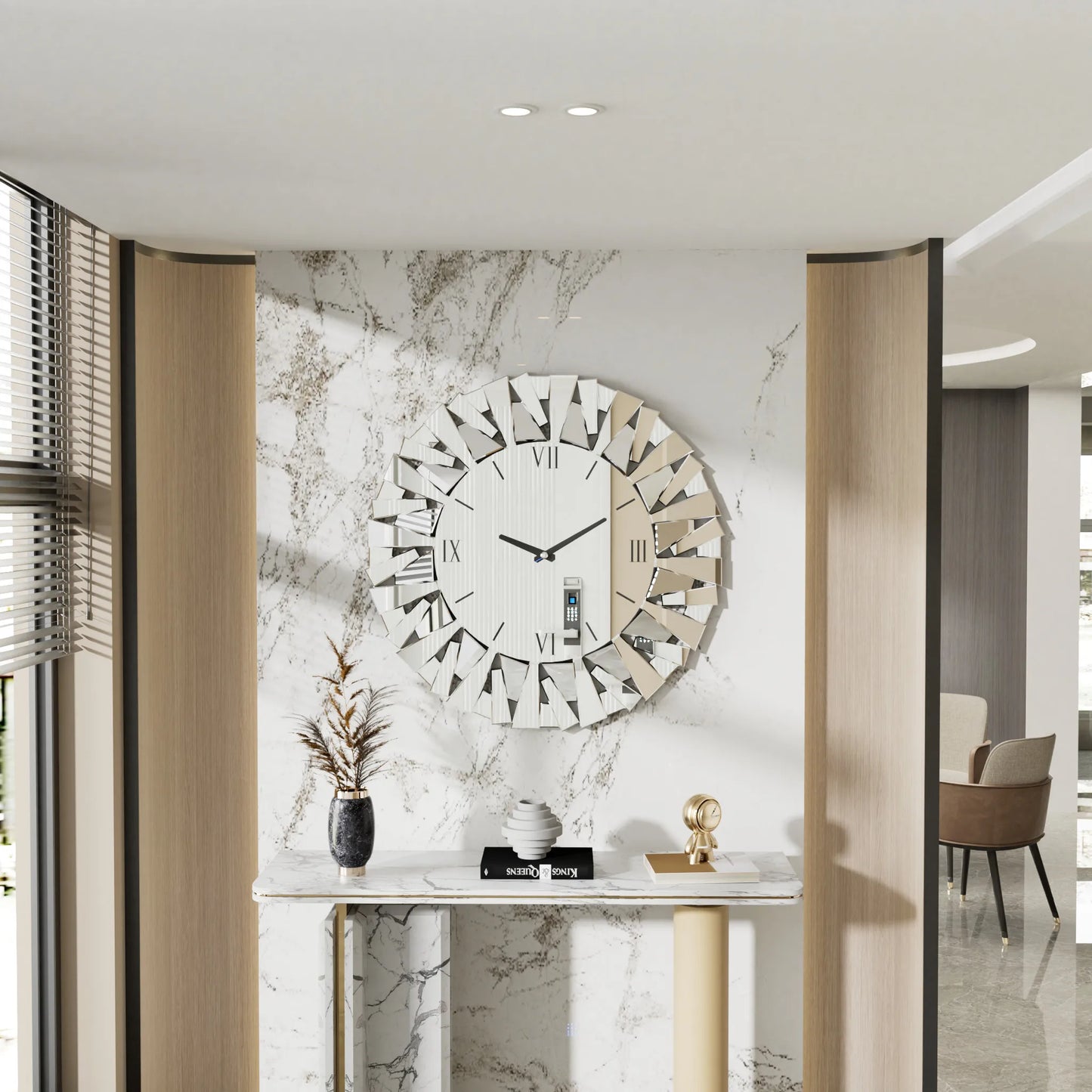 Horloge murale  32 pouces en verre biseauté miroir, accrochée dans un salon moderne avec décoration élégante - Décoration intérieure