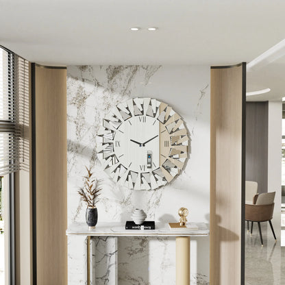 Horloge murale  32 pouces en verre biseauté miroir, accrochée dans un salon moderne avec décoration élégante - Décoration intérieure