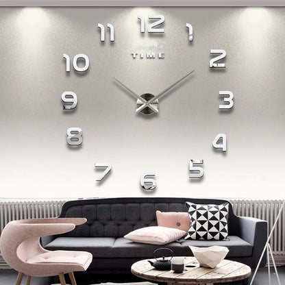 Horloge murale 3D à quartz avec effet miroir acrylique et chiffres autocollants à coller , design moderne sur mur de salon lumineux - Décoration intérieure