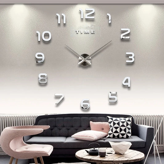 Horloge murale 3D à quartz avec effet miroir acrylique et chiffres autocollants à coller , design moderne sur mur de salon lumineux - Décoration intérieure