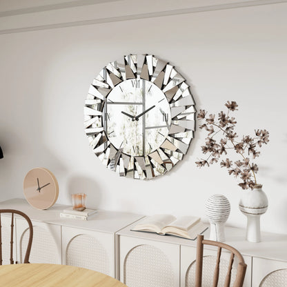 Horloge murale Wisfor 32 pouces en verre biseauté miroir, accrochée dans un salon moderne avec décoration élégante - Décoration intérieure