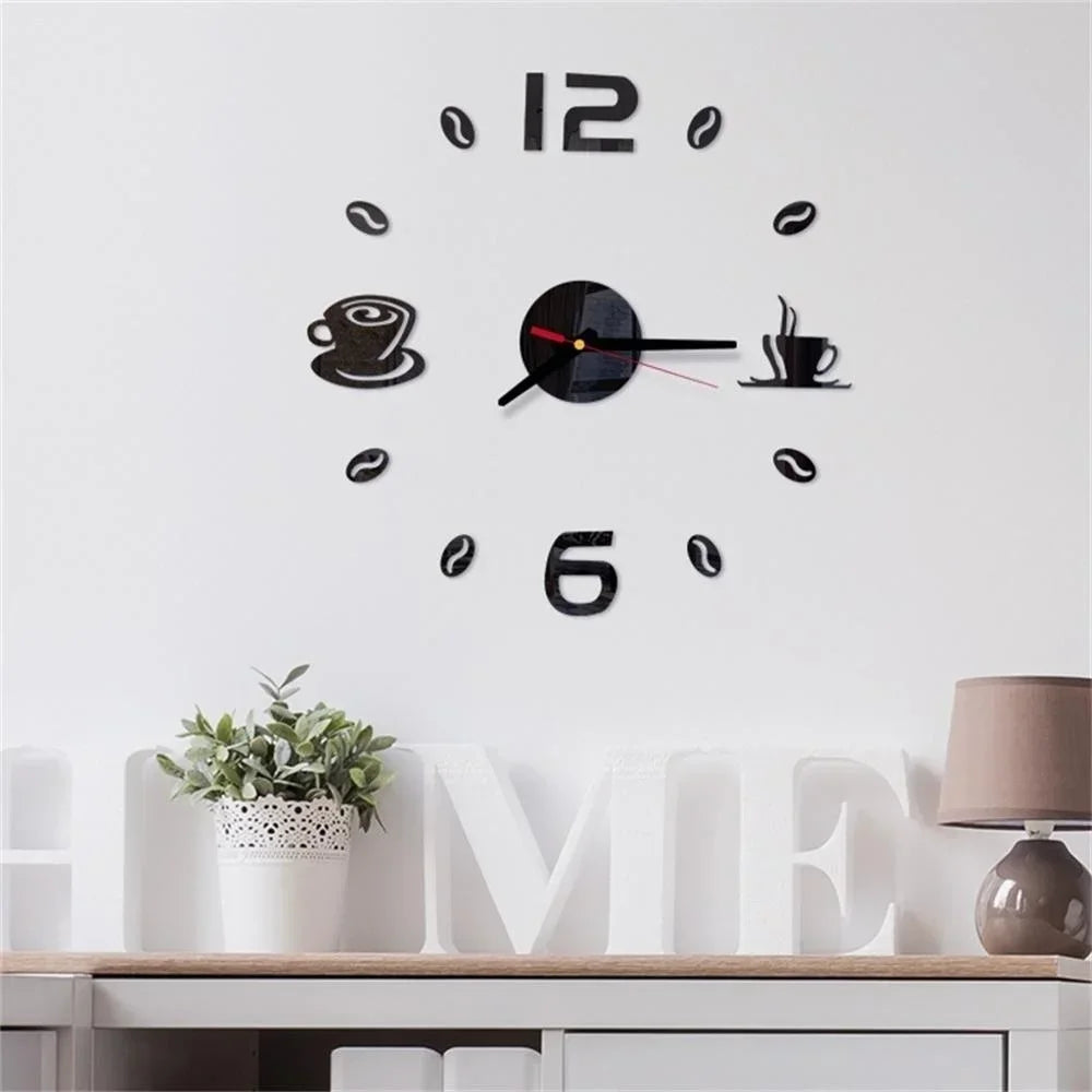 Horloge murale numérique DIY autocollante avec aiguilles à quartz, posée sur un mur blanc moderne dans une cuisine design ou salon contemporain - Décoration intérieure