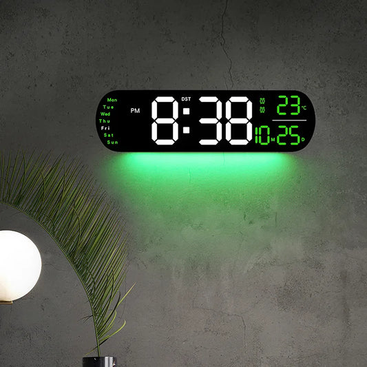 Horloge murale numérique à grand écran LED affichant l’heure, la température et l’humidité, avec télécommande et design moderne - Décoration intérieure