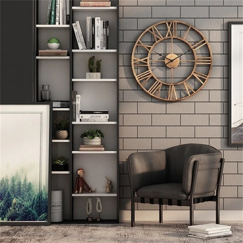 Horloge murale ronde en métal noir avec chiffres romains 3D, au style rétro nordique, silencieuse et suspendue comme décoration intérieure - Décoration intérieure