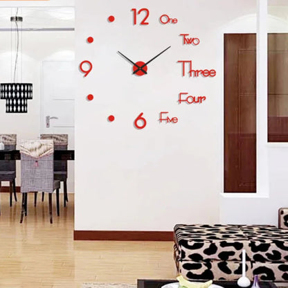 Horloge rouge murale silencieuse grand format (90–120 cm) en chiffres 3D numériques, installée dans un salon ou une chambre comme décoration élégante et imposante - Décoration intérieure