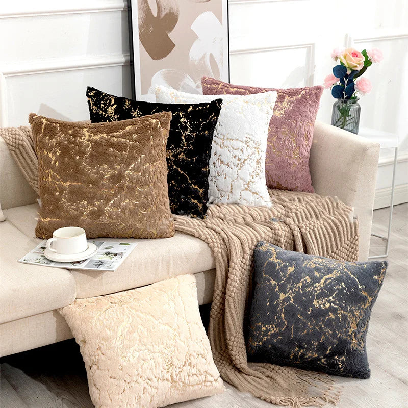 Housse de coussin carrée 43×43 cm en fourrure dorée, blanche, grise et noire, décoration chic pour canapé ou salon - Décoration intérieure