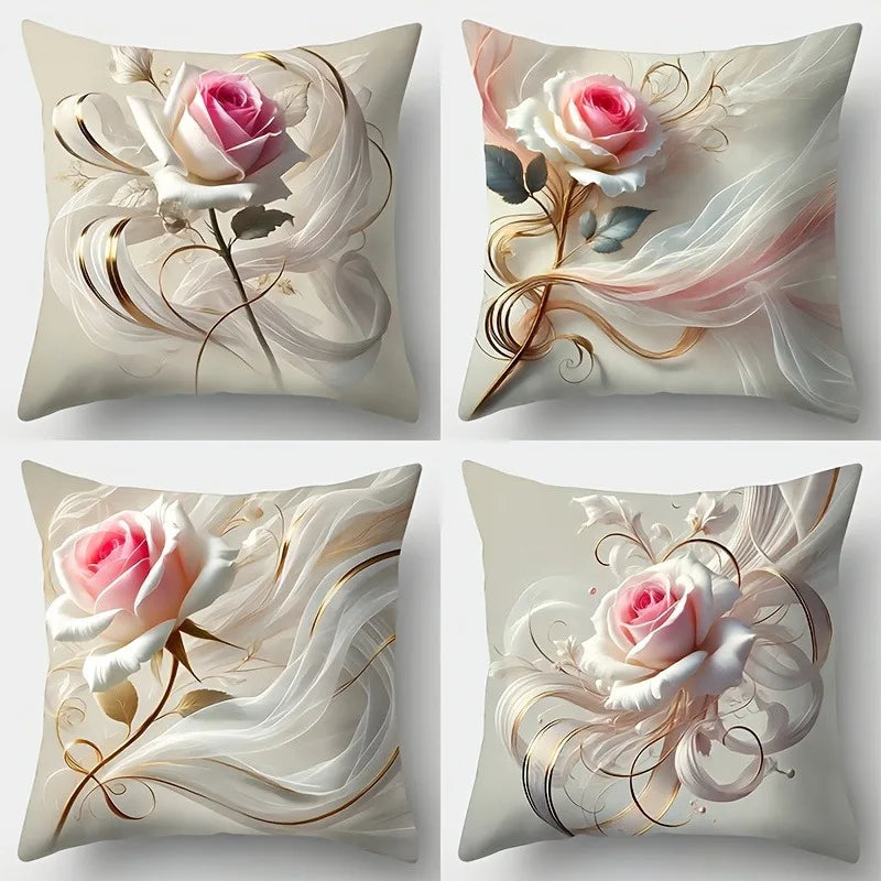 Housse de coussin décorative en polyester rose et or avec ruban, fermeture éclair invisible, pour chambre, salon ou canapé - Décoration intérieure