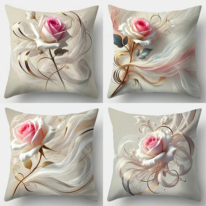 Housse de coussin décorative en polyester rose et or avec ruban, fermeture éclair invisible, pour chambre, salon ou canapé - Décoration intérieure