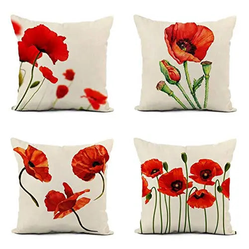 Housse de coussin en lin à motif de pavot, style nordique moderne, décoration élégante pour salon ou canapé - Décoration intérieure