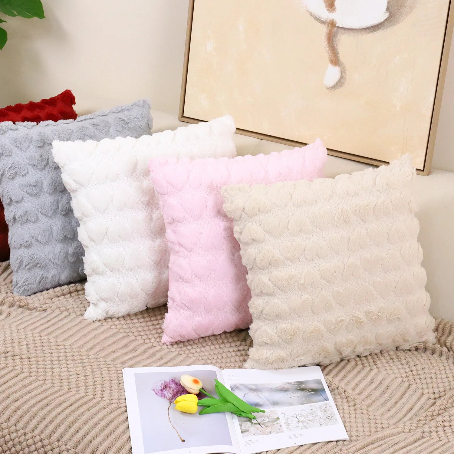 Housse de coussin en peluche unie avec motif cœur, décoration romantique pour Saint-Valentin, salon ou chambre - Décoration intérieure