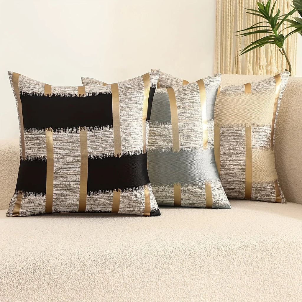 Housse de coussin en soie dorée 100 % polyester, motif géométrique jacquard, non rembourrée, décoration élégante pour salon ou chambre - Décoration intérieure