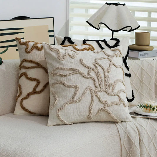 Housse de coussin florale touffetée 45×45 cm, style bohème, motif en relief, décoration chaleureuse pour salon ou canapé - Décoration intérieure