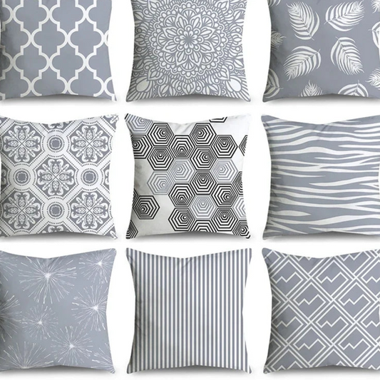 Housse de coussin lombaire grise 45×45 cm, motif damassé géométrique et floral, décoration élégante pour canapé ou salon - Décoration intérieure