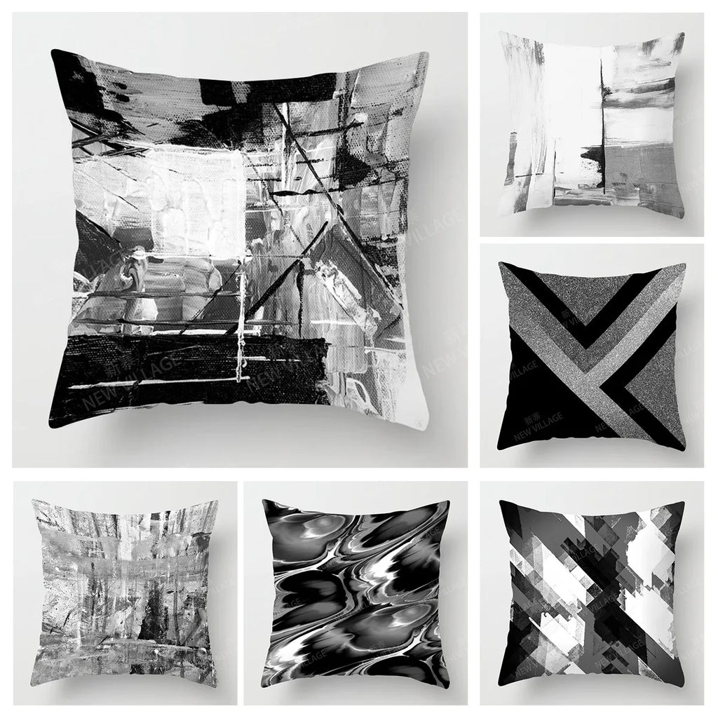 Housse de coussin moderne grise et noire à motifs géométriques abstraits, décoration élégante pour canapé ou salon - Décoration intérieure