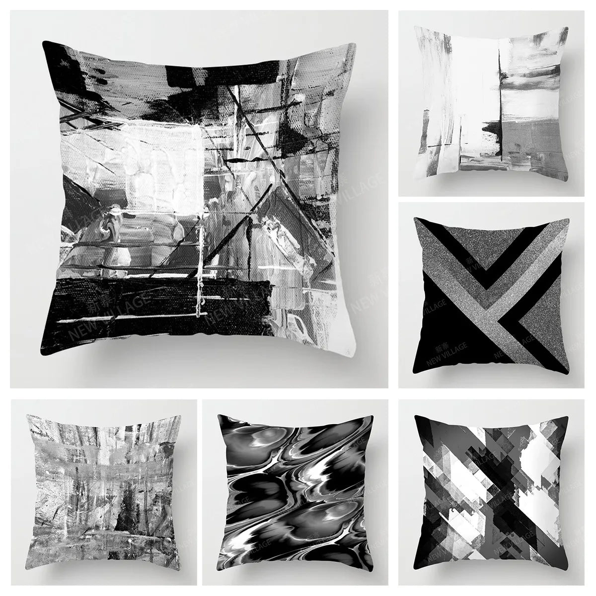 Housse de coussin moderne grise et noire à motifs géométriques abstraits, décoration élégante pour canapé ou salon - Décoration intérieure
