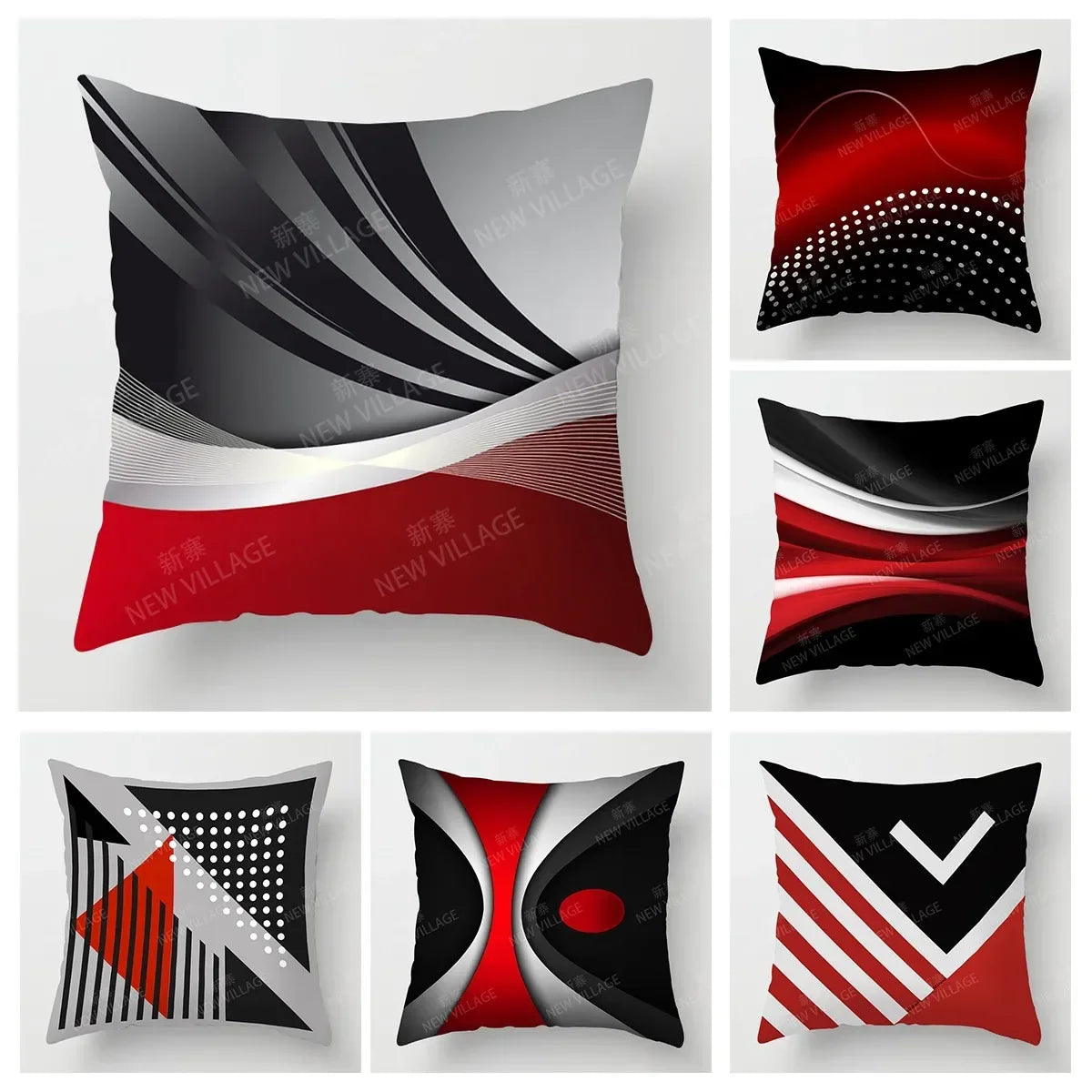 Housse de coussin moderne rouge et noir à motifs géométriques abstraits, décoration graphique pour canapé ou salon - Décoration intérieure