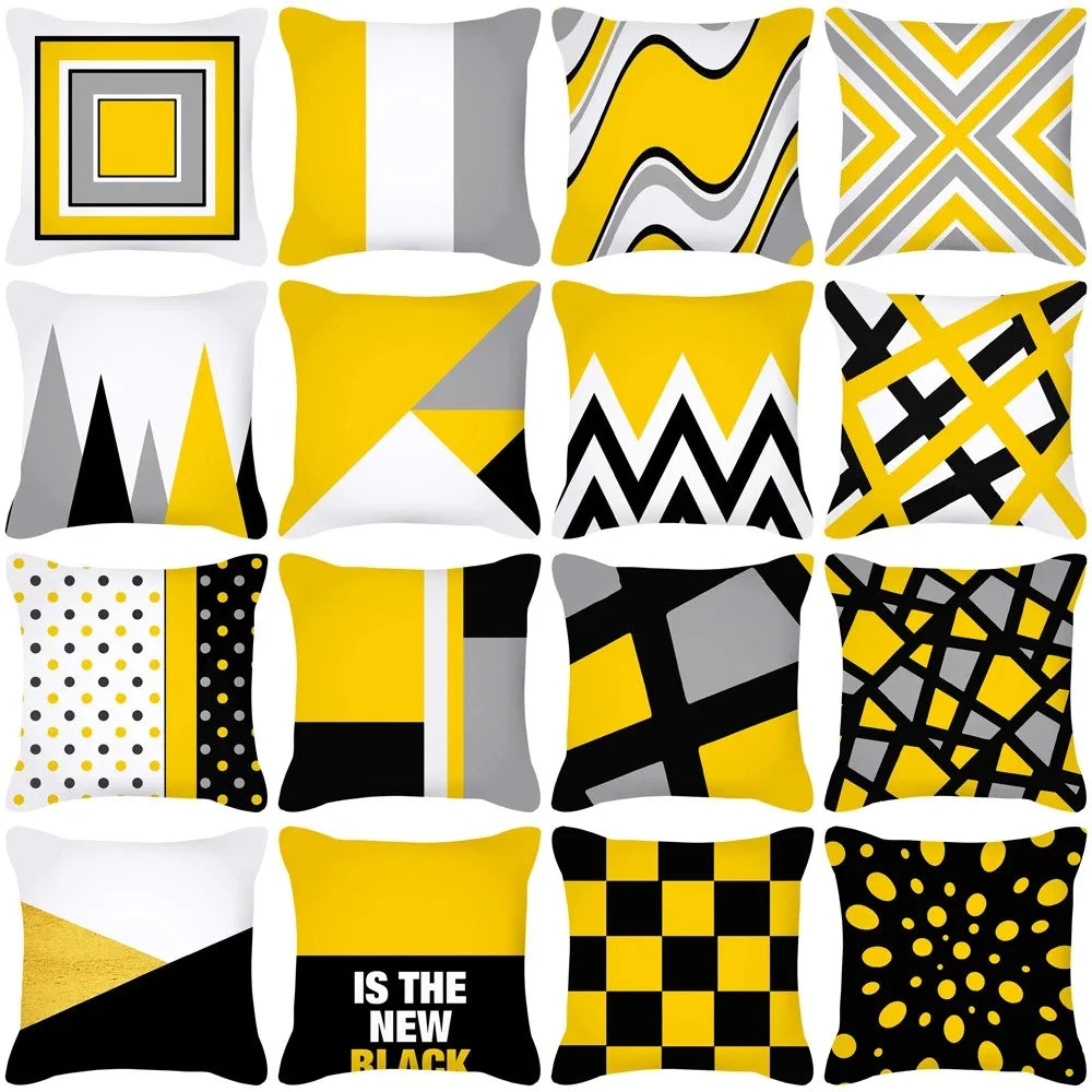 Housse de coussin à motif jaune, style nordique à carreaux rayés noirs et gris, décoration moderne pour canapé ou salon - Décoration intérieure