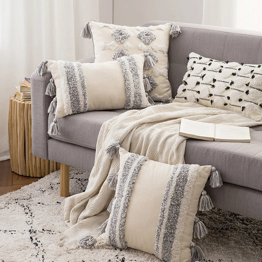 Housse de coussin à pompons en coton et lin, style bohème nordique, déco naturelle pour salon ou canapé - Décoration intérieure