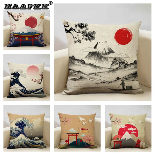 Housse de coussin rétro style Ukiyo-e avec motif Mont Fuji, décoration japonaise élégante pour salon ou canapé - Décoration intérieure