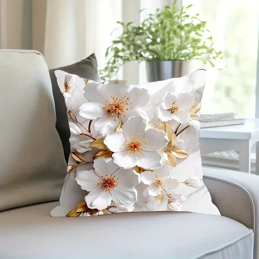 Housse de coussin ultra douce à imprimé floral posée sur canapé beige, décoration zen et romantique - Décoration intérieure
