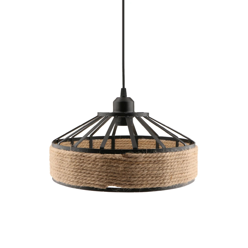 Lampe suspendue vintage en métal noir avec abat-jour en corde de Manille, luminaire industriel pour décoration intérieure chaleureuse - Décoration intérieure
