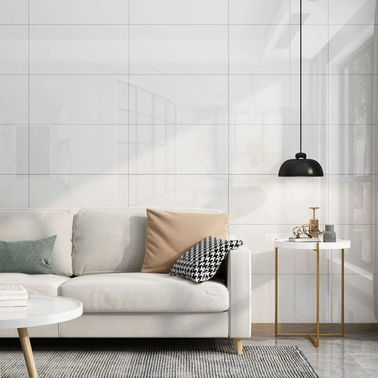 Lot de 10 à 20 carreaux de sol auto-adhésifs en PVC 30 × 60 cm posés dans un salon, revêtement épais imperméable décoratif au style moderne - Décoration intérieure