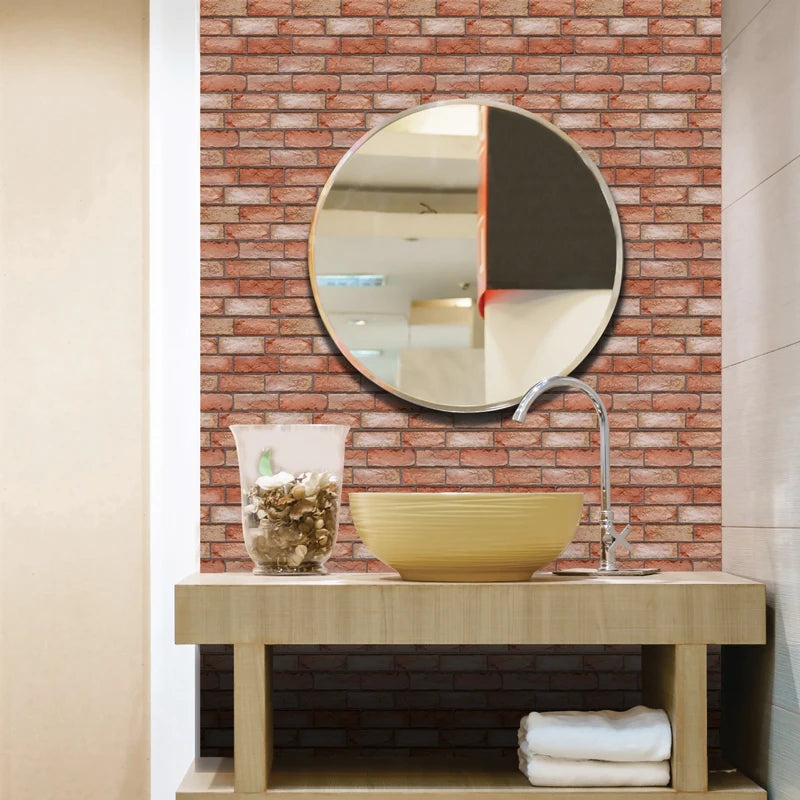 Lot de 10 panneaux muraux 3D auto-adhésifs posés  dans une salle de bain , revêtement vinyle structuré effet rétro imperméable - Décoration intérieure